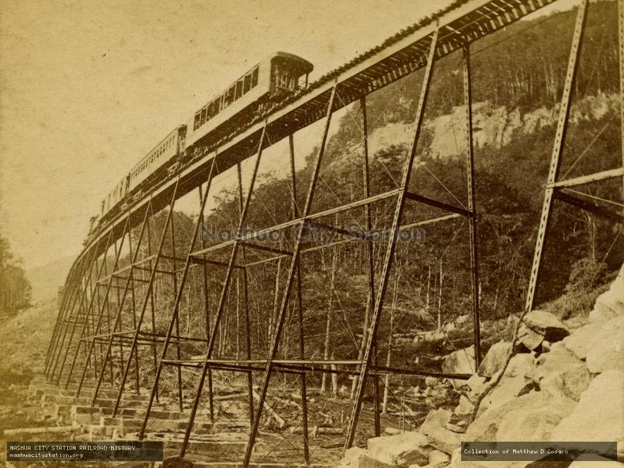 Stereoview: Frankenstein Trestle and Cliff, Portland & Ogdensburg Railroad, Crawford Notch, White Mountains